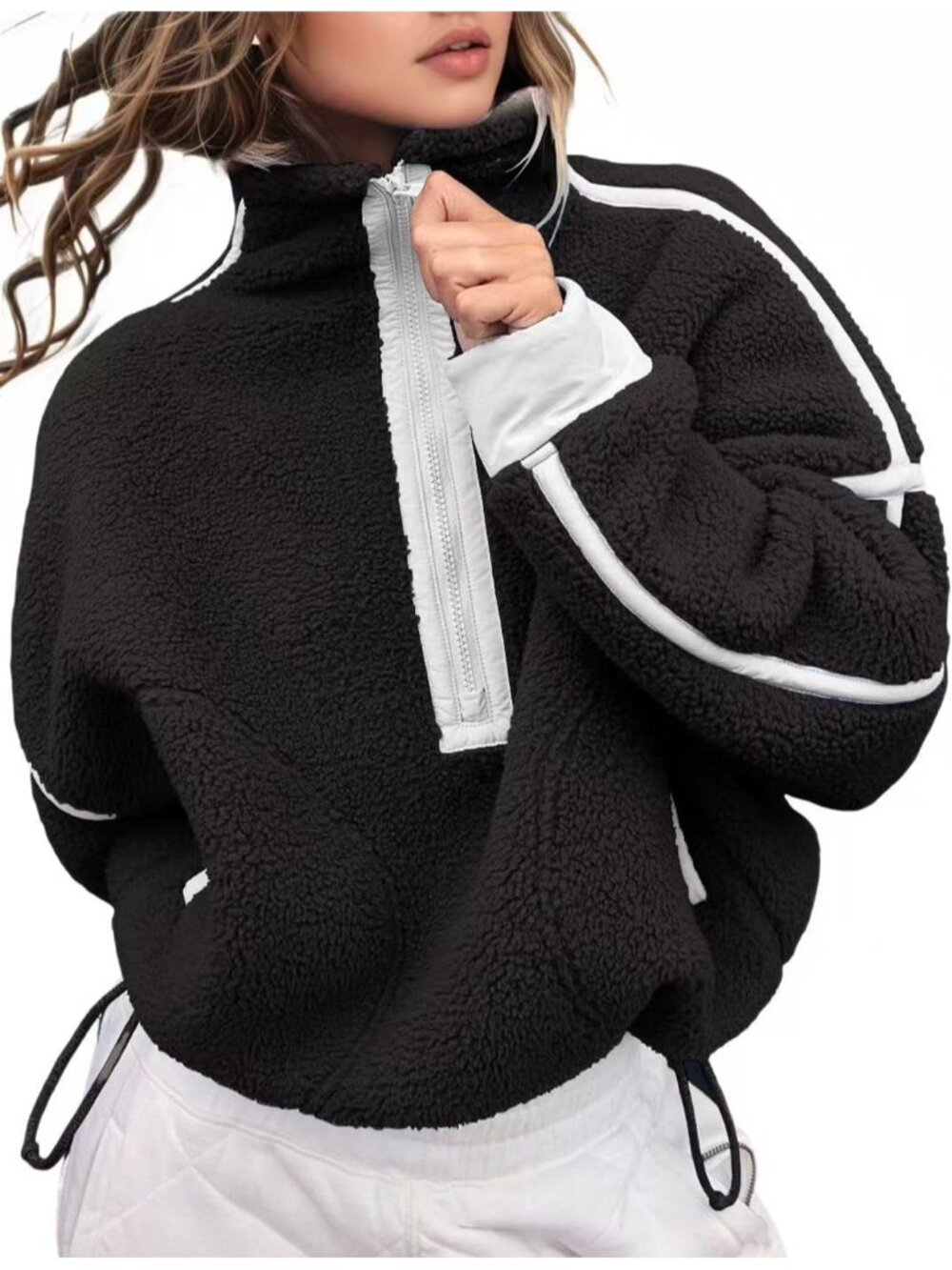 Women’s Black Fleece Half ZIP Cropped Pullover Pocket Oversized Sweatshirt